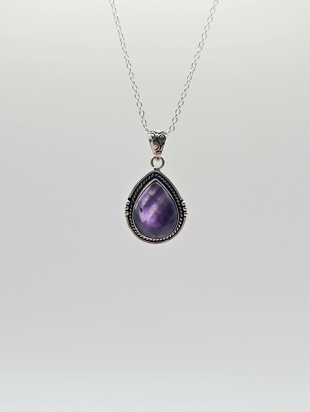 Vintage Handmade Amethyst Teardrop Necklace | 925 Silver Pendant & Chain